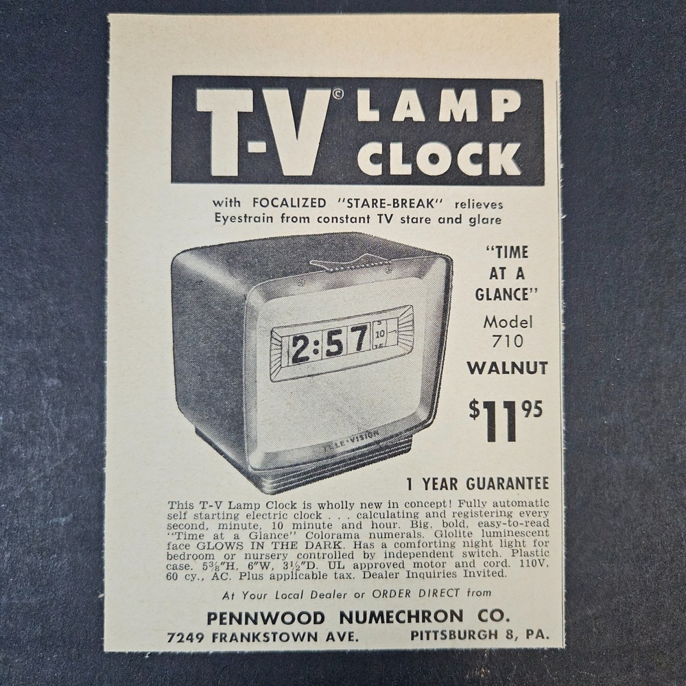 1961 Pennwood Numechron‎ Co TV Lamp Clock Model 710 Vintage Print Ad Pittsburgh